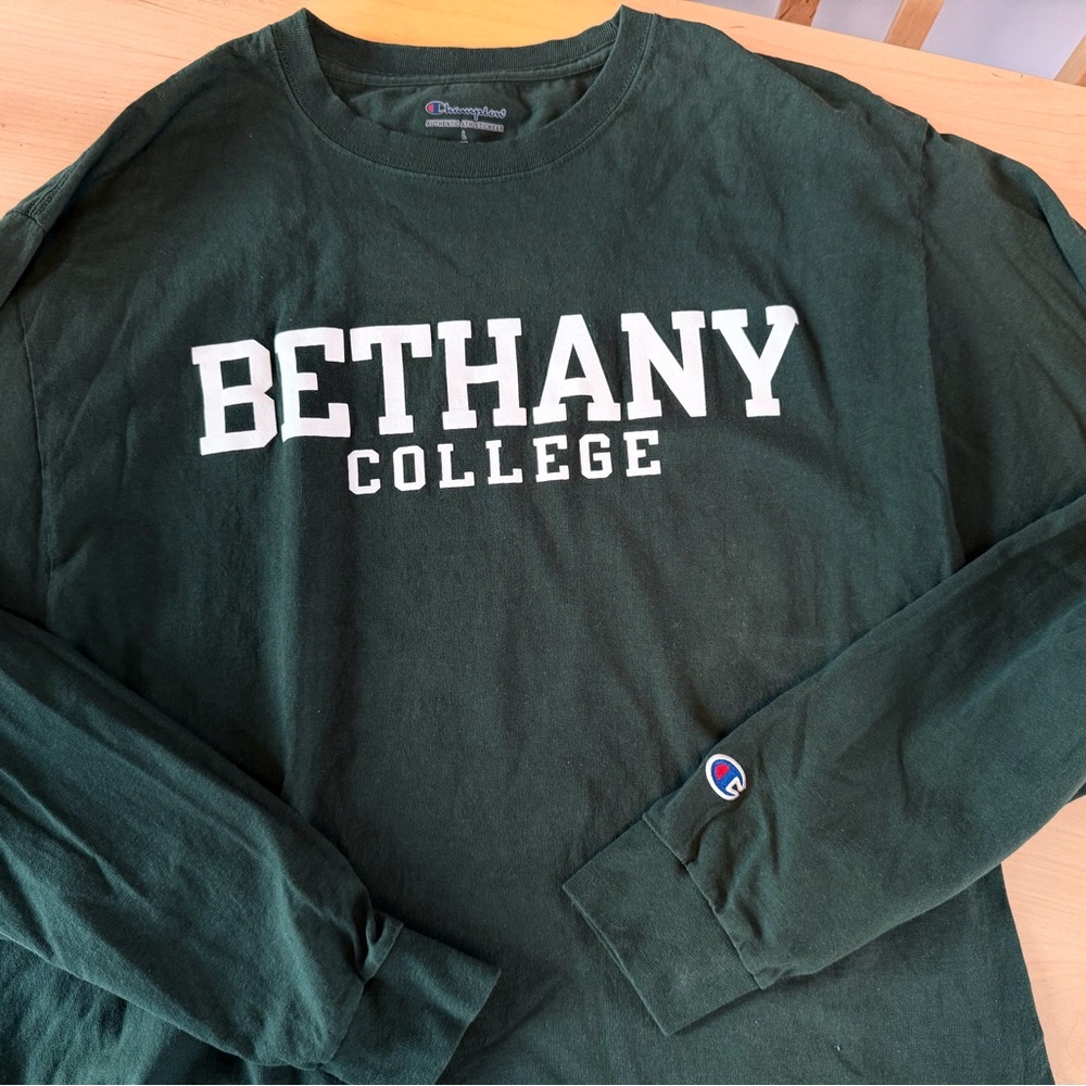 Adult L Champion Bethany College Green long sleeve T‑Shirt with White Lettering - Picture 6 of 6